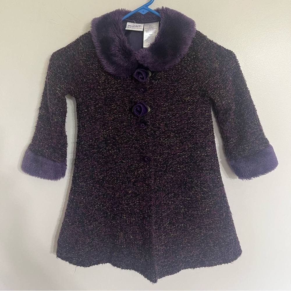 BLUEBERI BOULEVARD Girl's Dress Coat Faux Fur Trim Size 4 Purple Rose Buttons